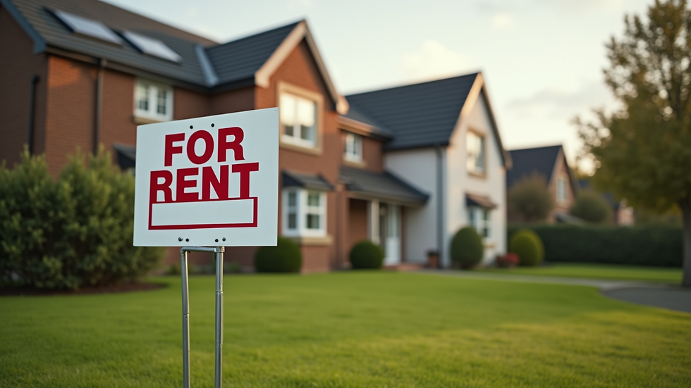 Eye-level view of a residential property with a "For Rent" sign in the front yard