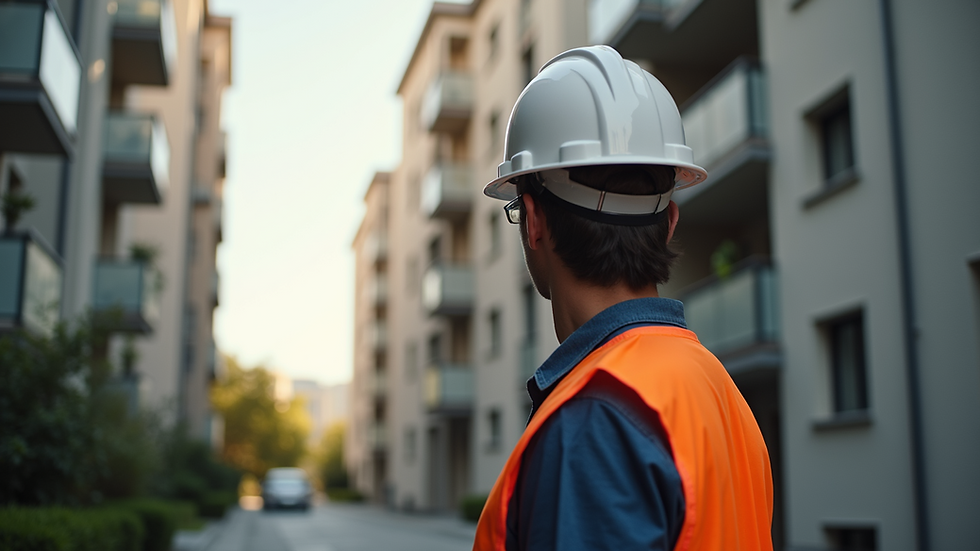 Eye-level view of a property manager inspecting a residential building exterior