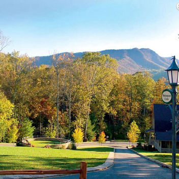 Tree-lined street in The Village of Cheshire with mountain views and a lamp post marking Shakespeare Circle – Buchanan Construction, Asheville.
