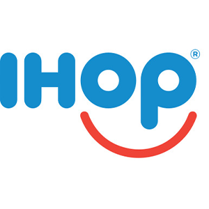 IHOP logo with blue lowercase letters and a red curved smile beneath the “O” and “P.”