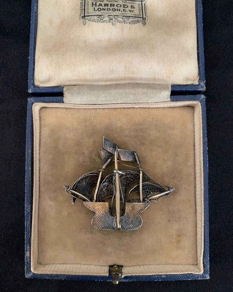 Thumbnail: Vintage Silver Filigree & Enamel Boat Brooch