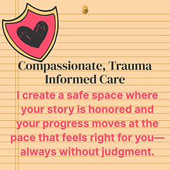 Sticky note titled ‘Compassionate Trauma-Informed Care,’ describing a supportive, trauma-aware approach to nutrition counseli