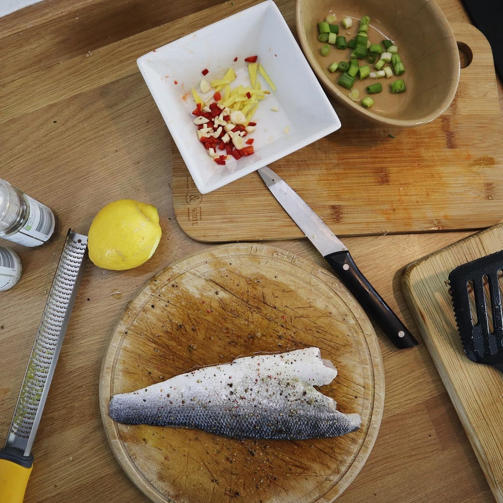 PanFried Sea Bass with Crispy Chilli, Ginger, Garlic, Spring Onions