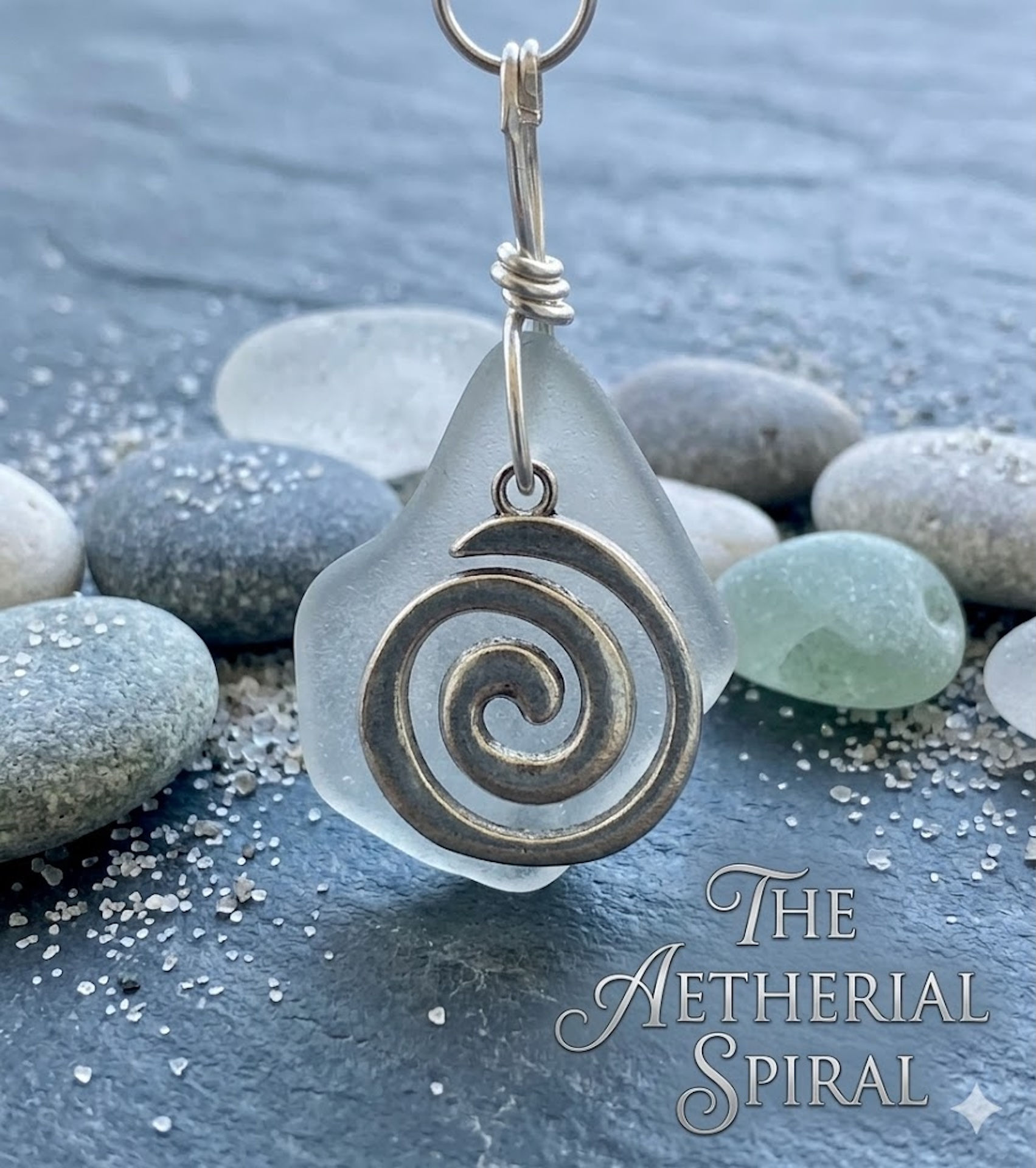 White Sea Glass Necklace w. Silver Beach Charm – Ocean Pendant (includes chain)