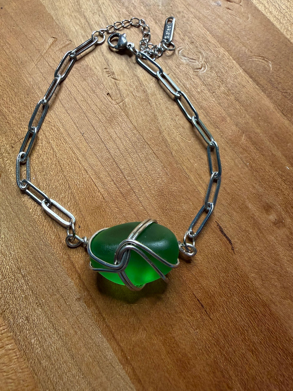 Thumbnail: Green Sea Glass Bracelet • Wire Wrapped Sea Glass • Handmade Silver Chain