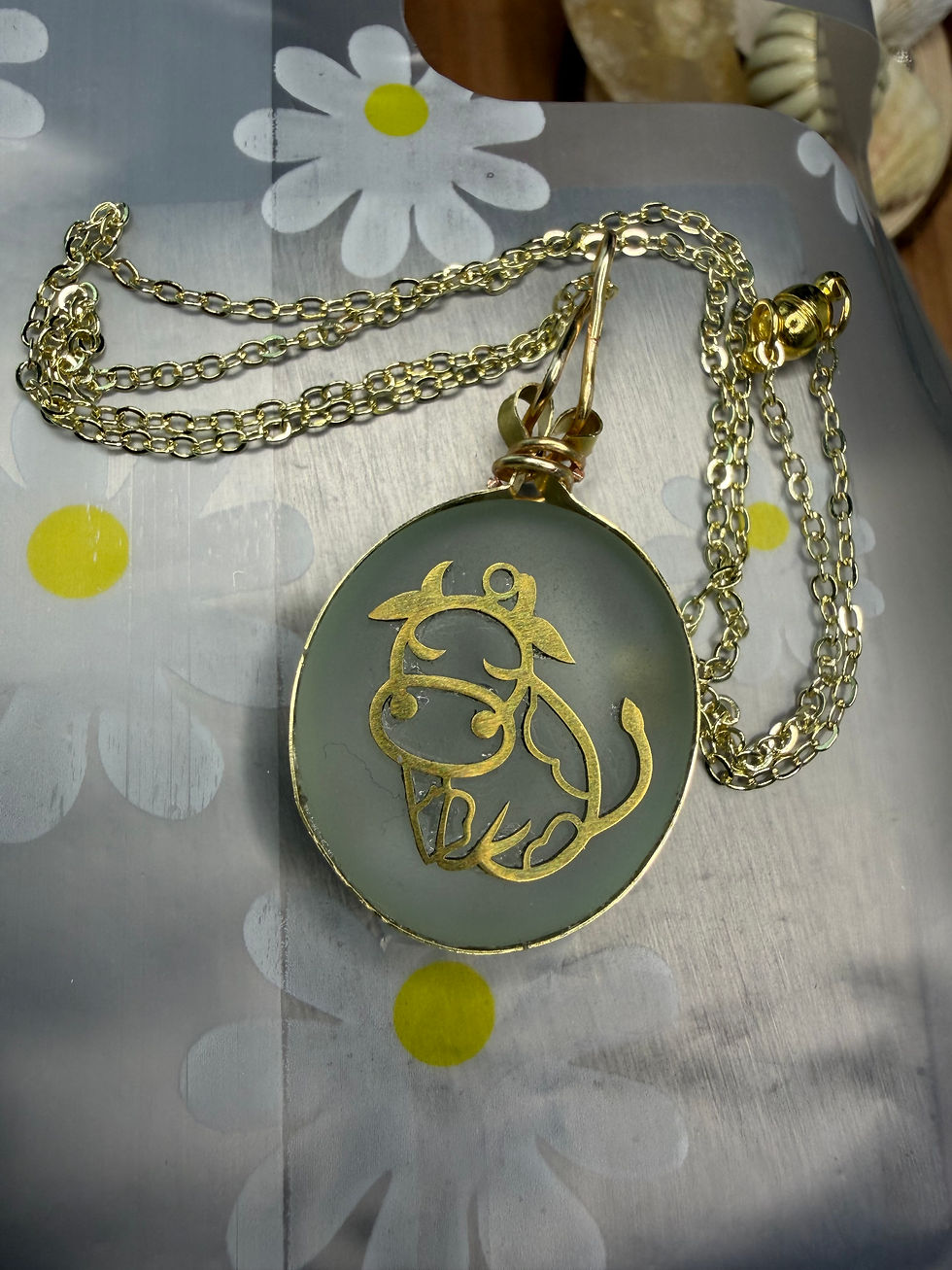 Thumbnail: Sea Glass Bull Necklace – Gold Cow Silhouette on Clear Mist Glass – Coastal