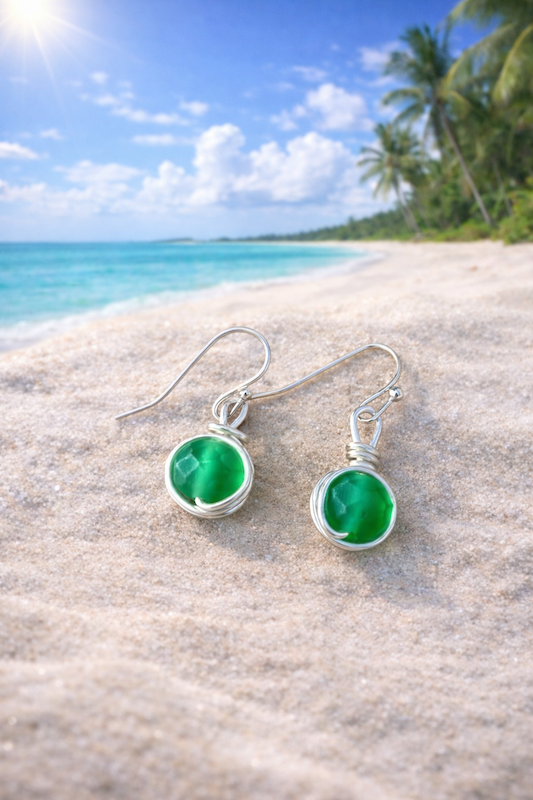 Thumbnail: Glass bead Wire Wrapped Earrings in Silver Plated | Minimalist Drop Earrings