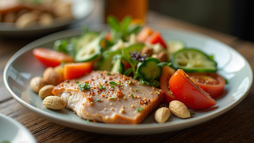 Close-up view of a colorful plate with lean protein, vegetables, and nuts