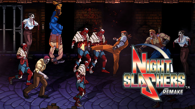Night Slahsers Remake Hero Art showing a snapshop of the gameplay, with Christopher kicking zombies. The Logo is on the right corner of the screen