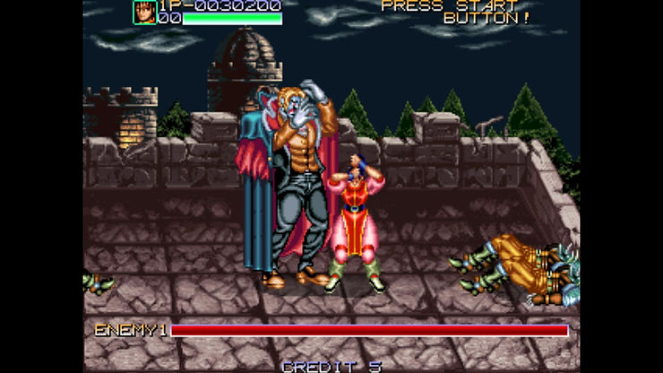 Gameplay snapshop from the original Night Slashers, showing the character Hong Hua fighting Dracula, one of the game's bosses