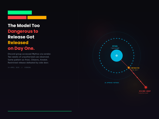 Anthropic's Restricted-Release Mythos Model Breached on Launch Day Through a Vendor. The Safety Control Failed in Twenty-Four Hours.