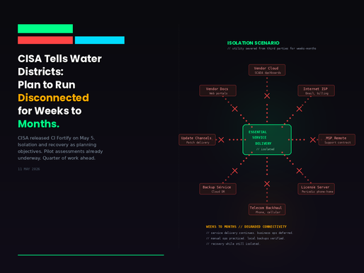 CISA Released CI Fortify on May 5. Water Utilities Told to Plan for Operating Isolated From Vendors, Telecom, and Internet for Weeks to Months.