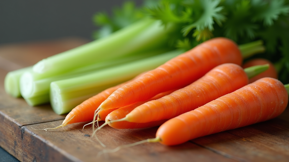 Close-up view of fresh crunchy carrots and celery sticks on a wooden table