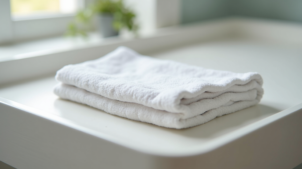 Eye-level view of a soft, chilled washcloth folded neatly on a baby’s changing table