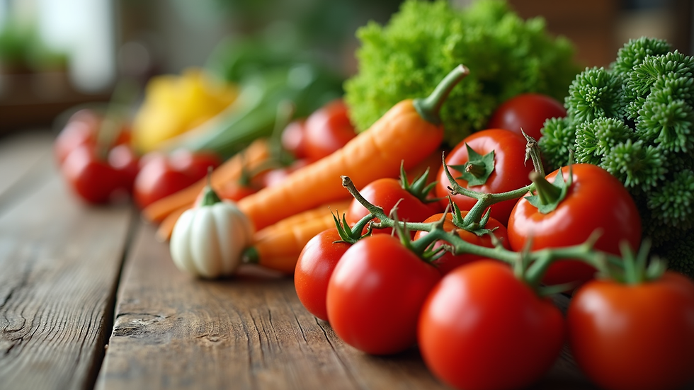 Close-up view of fresh vegetables and fruits on a wooden table
