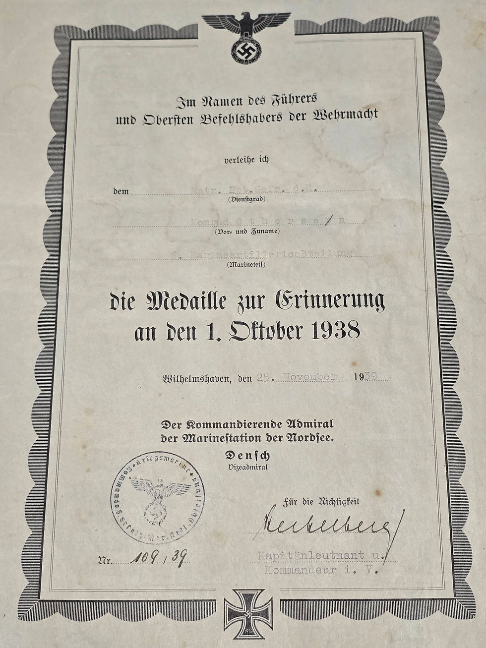 Miniatura: Pozůstalost po námořníkovi kriegsmarine Schlesien