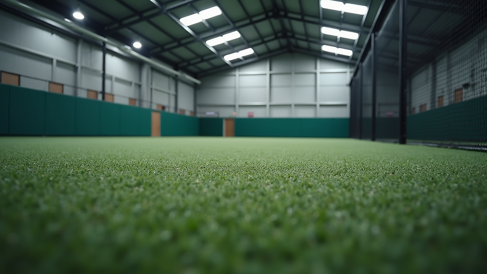 Eye-level view of a modern indoor batting cage with digital sensors