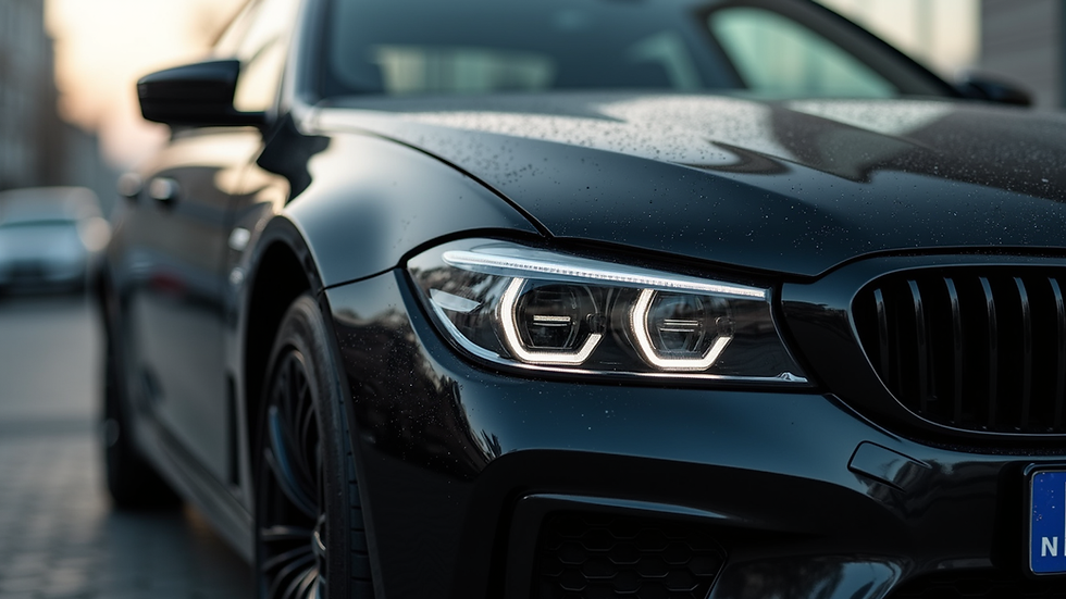 Close-up view of a shiny black car hood after professional detailing
