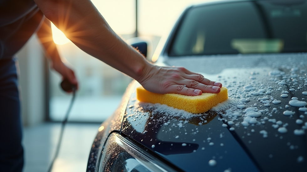 Close-up view of a car being hand washed with a soft sponge
