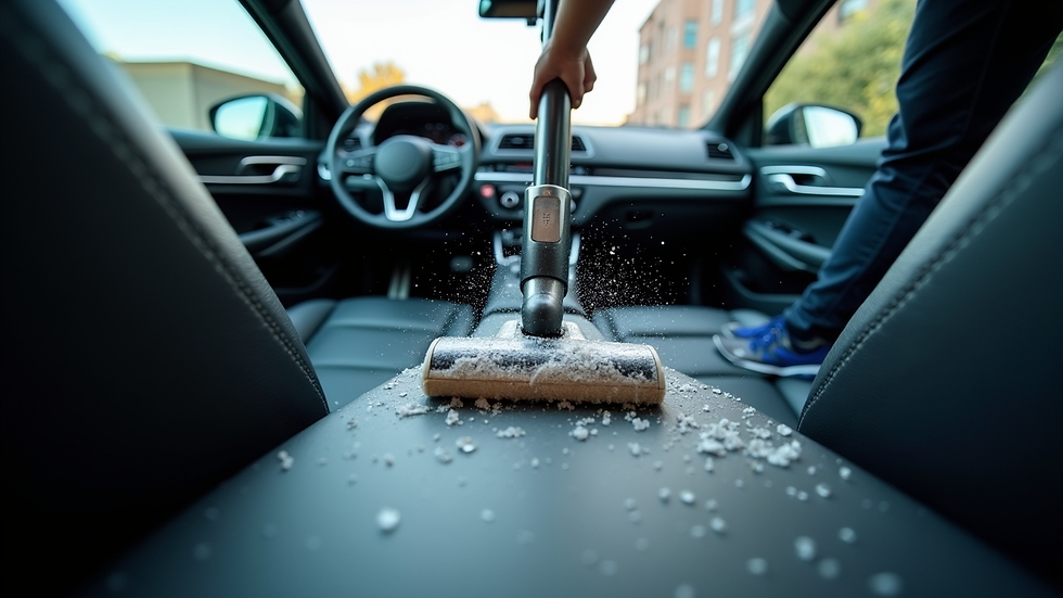 Eye-level view of a car interior being cleaned with a vacuum