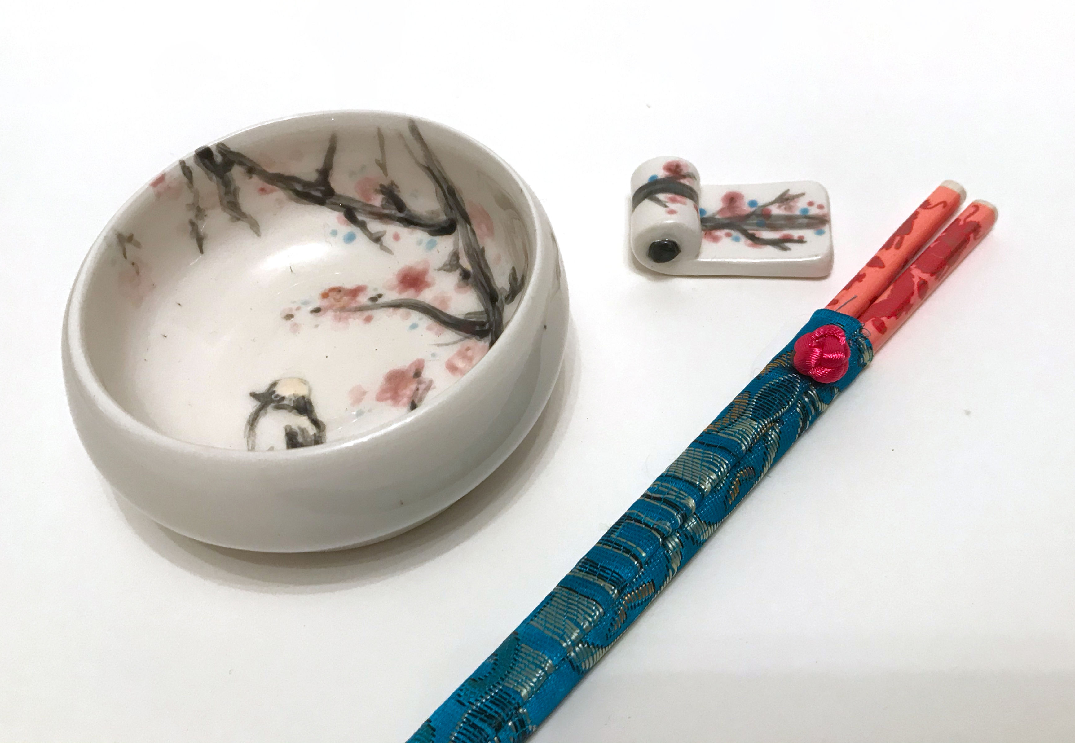 Small hand painted bowl and chopstick set