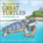 A child rides a giant turtle underwater near an island. Text: "The Land of the Great Turtles." Calm, adventurous mood.