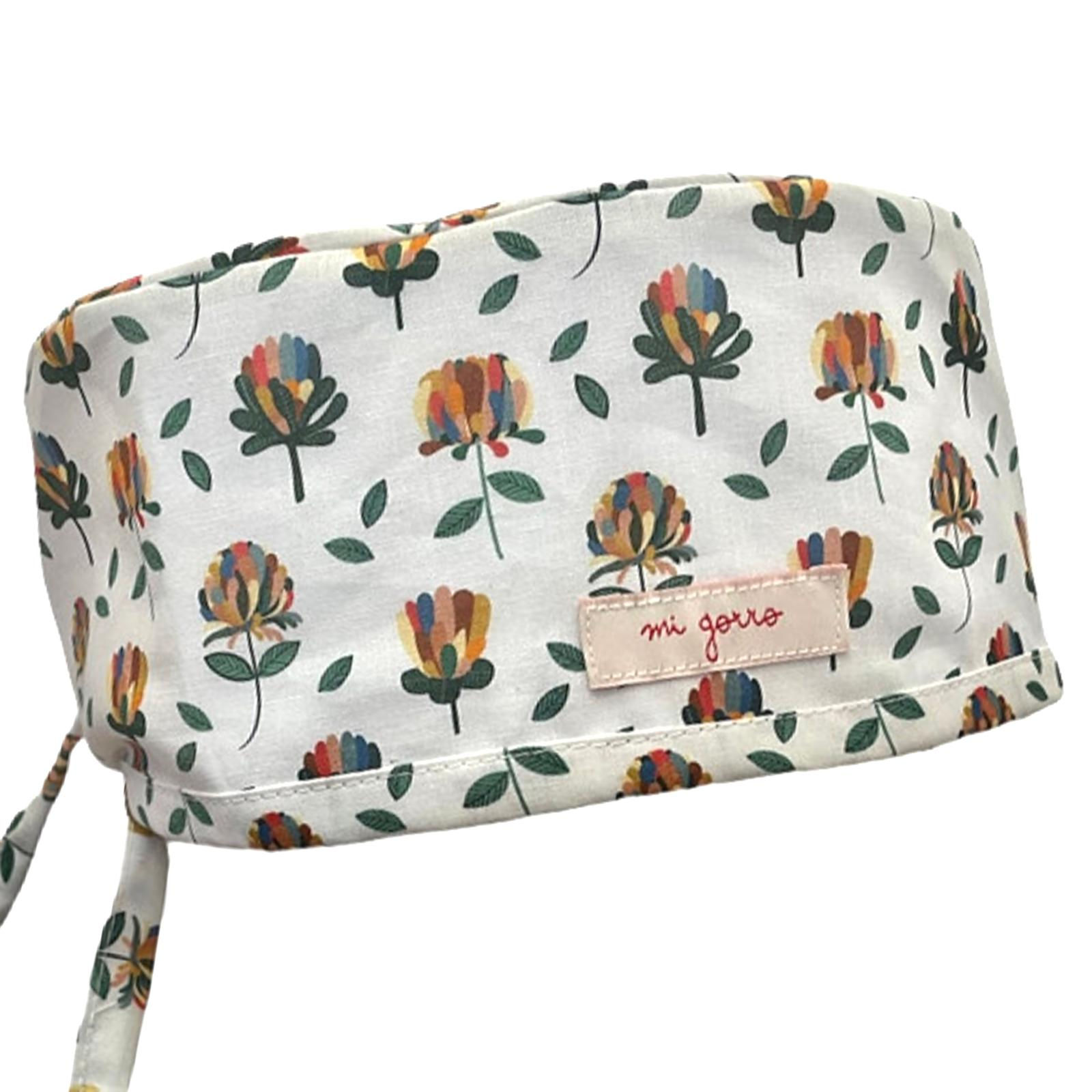 Gorro Quirófano Chico Rosario blanco con flores multicolores