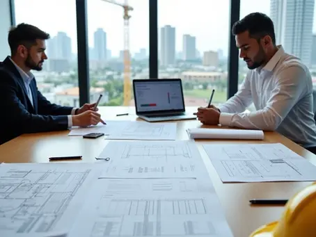 Empresários analisando edital de licitação de obras públicas em reunião de escritório 