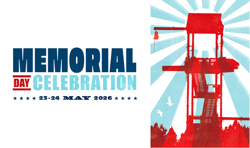 Memorial Day Celebration poster with a red lookout tower, sunburst background, and event dates, 23-24 May 2026, in bold blue and red text.