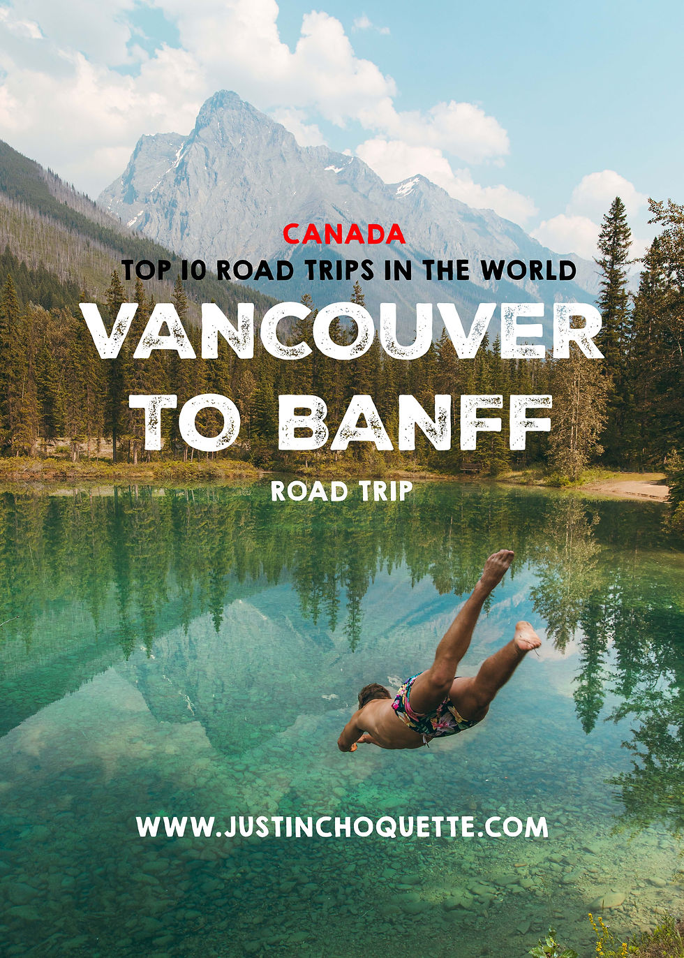 Diving into an alpine lake on the Vancouver to Banff road trip through the Canadian Rockies