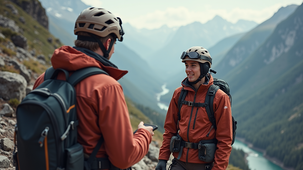 Eye-level view of a mountain guide explaining safety gear to a trainee
