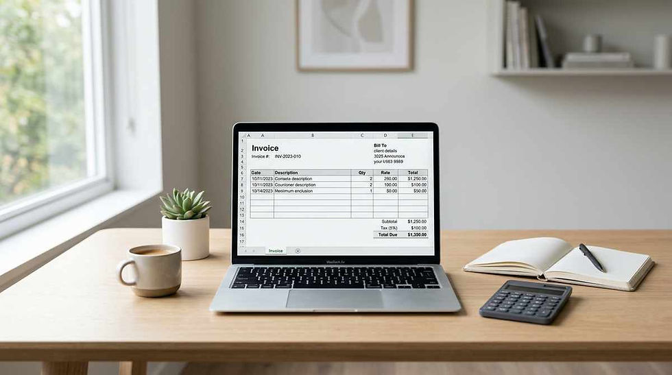 INVOICING_Minimal desk with laptop displaying a clean invoice layout in spreadsheet format, cal 88954