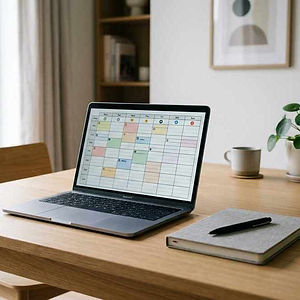 PLANNING & PRODUCTIVITY_Clean workspace with laptop showing weekly planner spreadsheet, notebook and pen arra