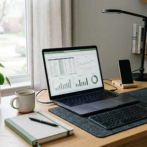 PERSONAL FINANCE_Minimal, clean workspace with a laptop showing a simple budget spreadsheet