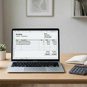 INVOICING_Minimal desk with laptop displaying a clean invoice layout in spreadsheet format