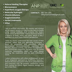 Woman in green suit ANP offers natural healing therapies, contact 081 306 1290, Plasma-Med Dublin
