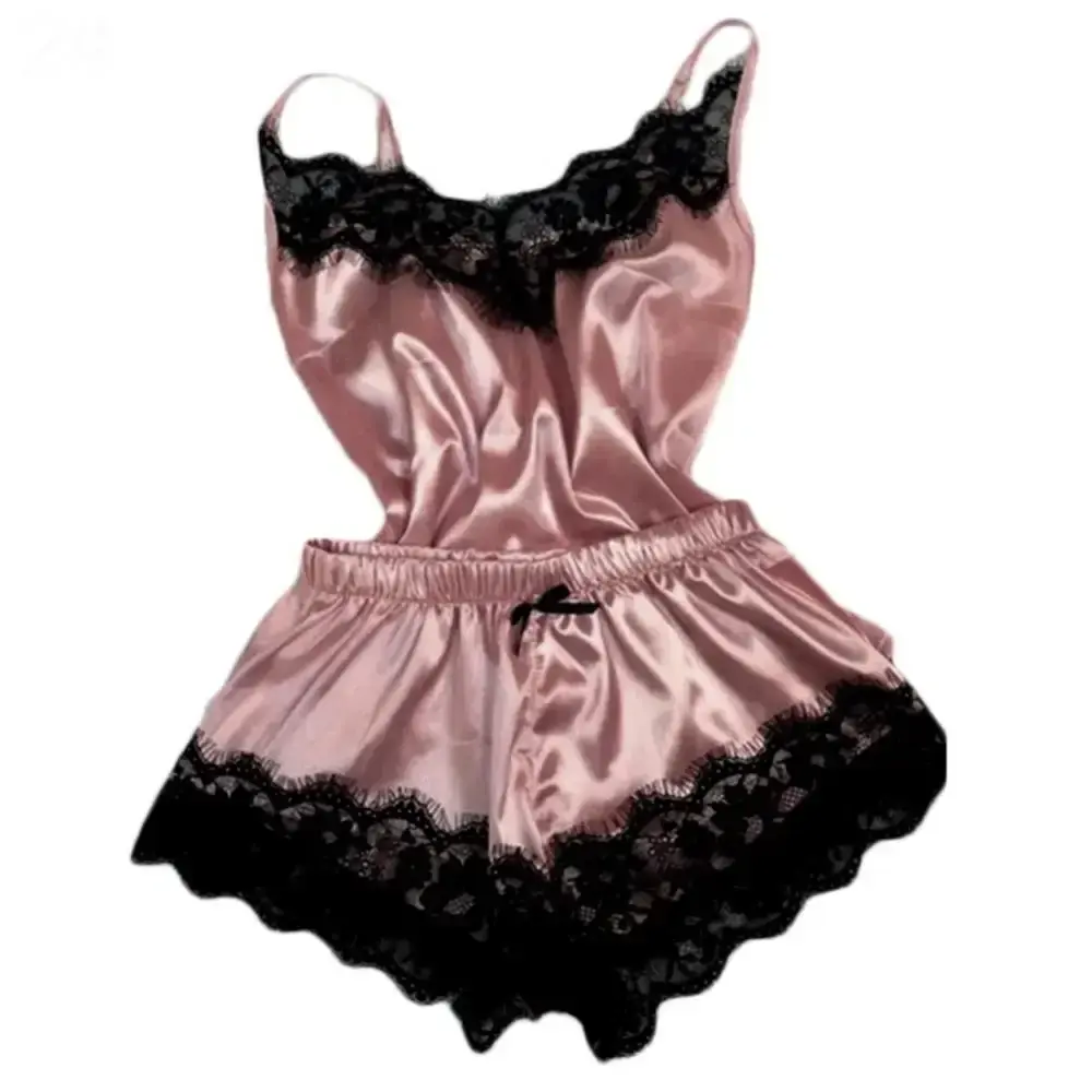 Lace Satin Pajama Set for Women Sleepwear V-Neck Stretch Sexy Lingerie Strap Ves