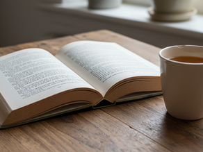A book and cup of tea on a coffee table