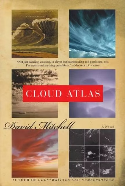 Book cover of Cloud Atlas by David Mitchell, featuring six cloudscape images and a red title banner on a beige background.