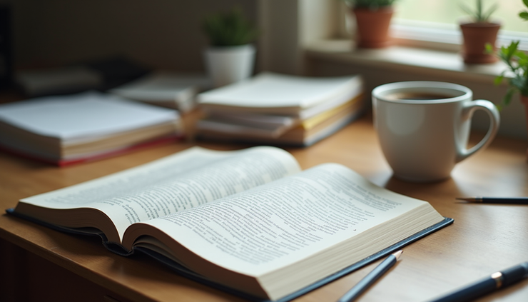 Eye-level view of a study desk with open textbooks and scattered notes
