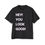 Thumbnail: Hey! You Look Good! Men's Heavy Oversized Tee in Soft Purple on Black