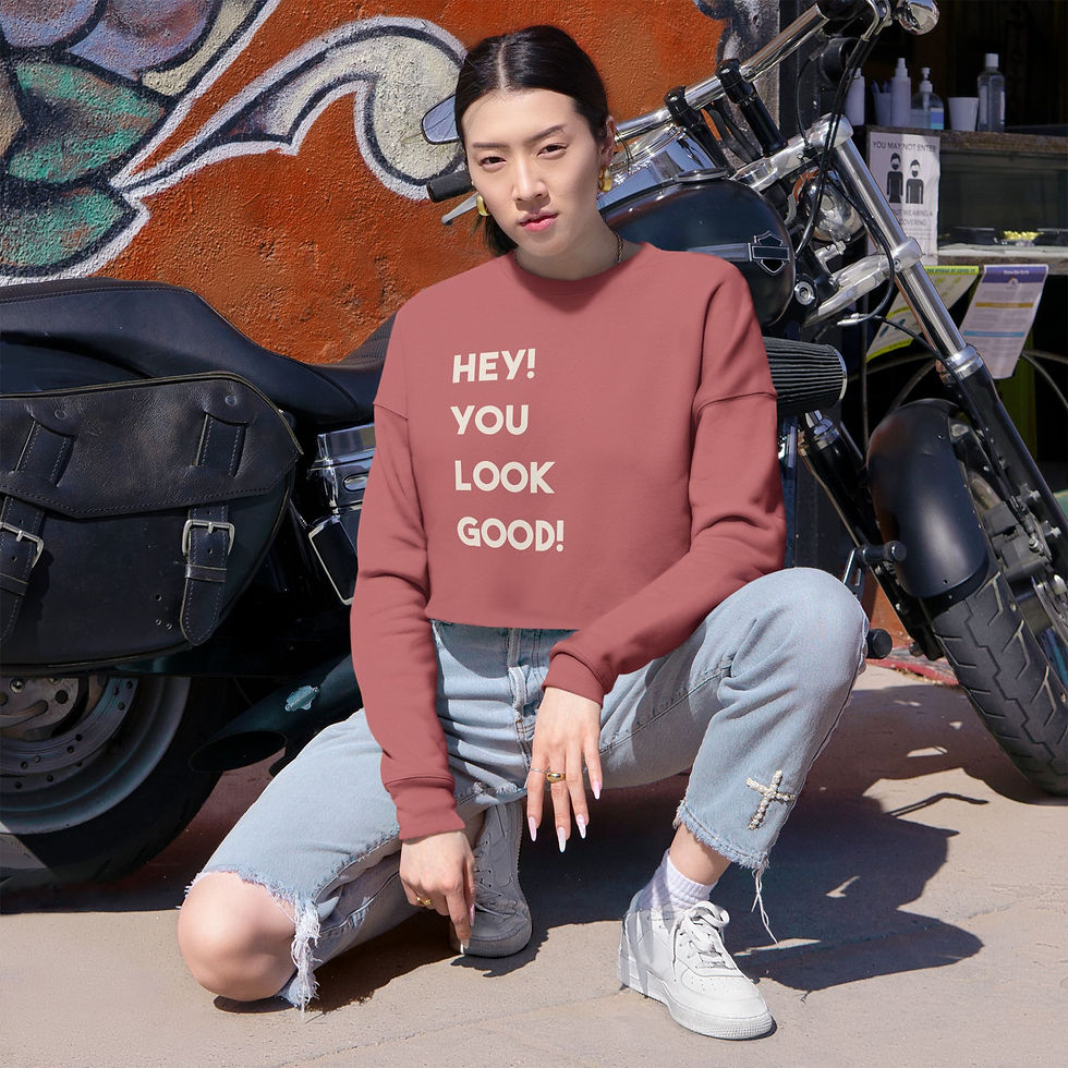 Women's Hey! You Look Good! Cropped Sweatshirt in Tan on Pink