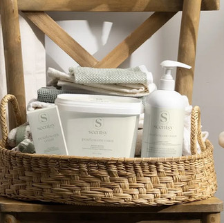 A set of Scentsy Laundry Products in a basket on a chair.