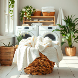 Laundry room with a basket of laundry with white linens