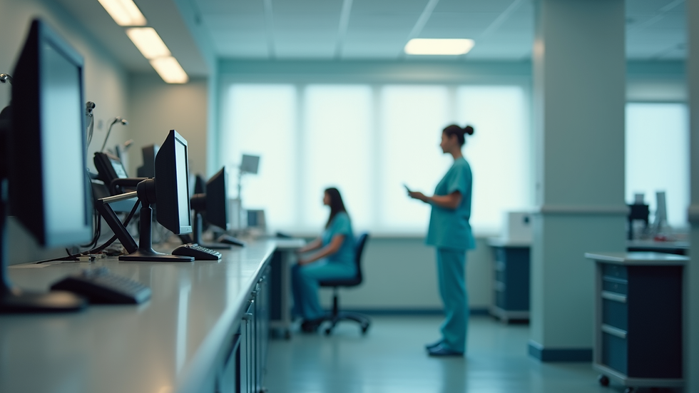 Eye-level view of hospital nurse station with computers and phones