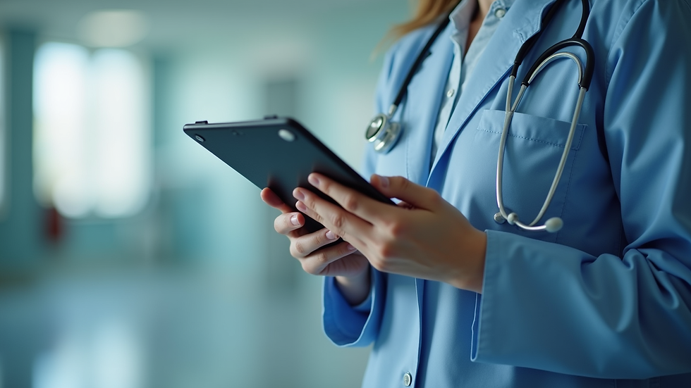 Close-up view of a healthcare professional reviewing staffing schedules on a tablet