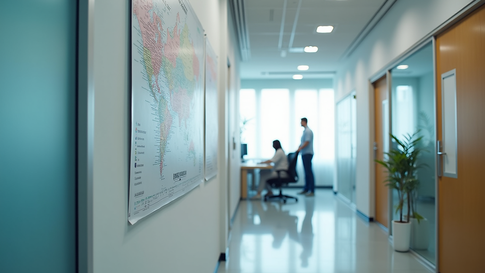 Eye-level view of a modern healthcare staffing office with local maps on the wall