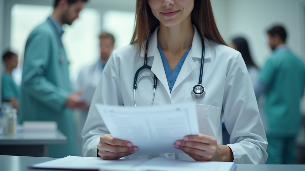 Close-up view of a healthcare professional reviewing patient charts