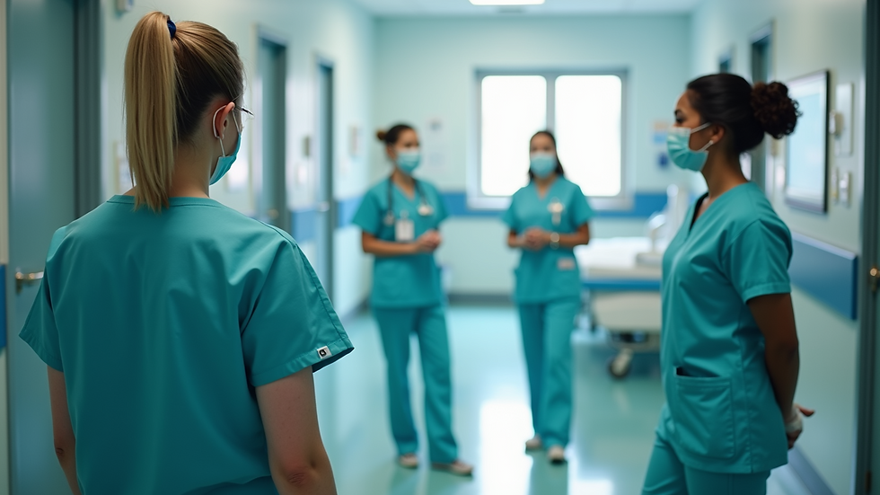 Eye-level view of a busy hospital nursing station with staff coordinating patient care