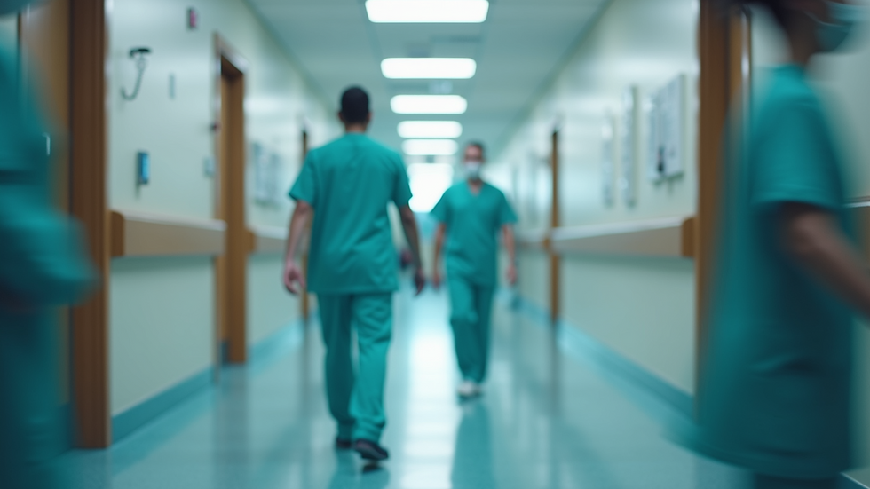 Eye-level view of a hospital corridor with healthcare professionals walking